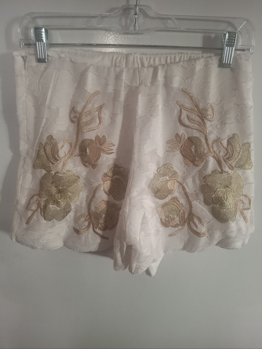 High-Waist White Shorts with Gold Floral Embroidery